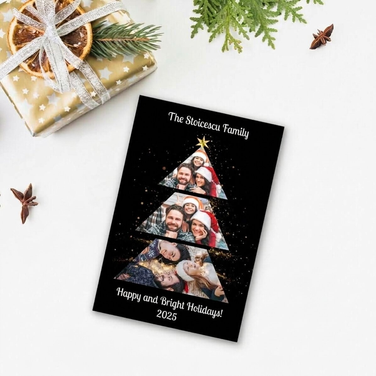 Gepersonaliseerde magneet van 10 x 15 cm met 3 foto’s en tekst – Kerstboom