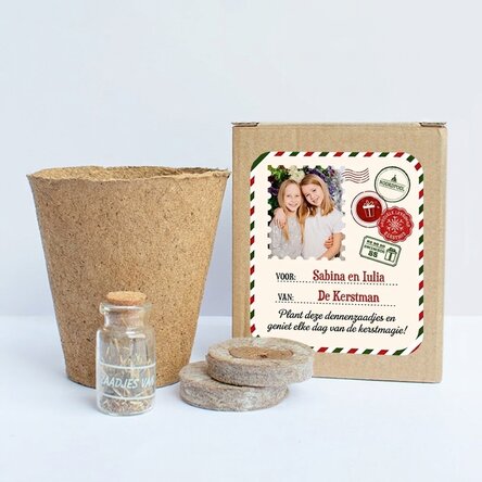 Set om dennenzaadjes te planten in een gepersonaliseerd doosje met foto en boodschap – Van de Kerstm