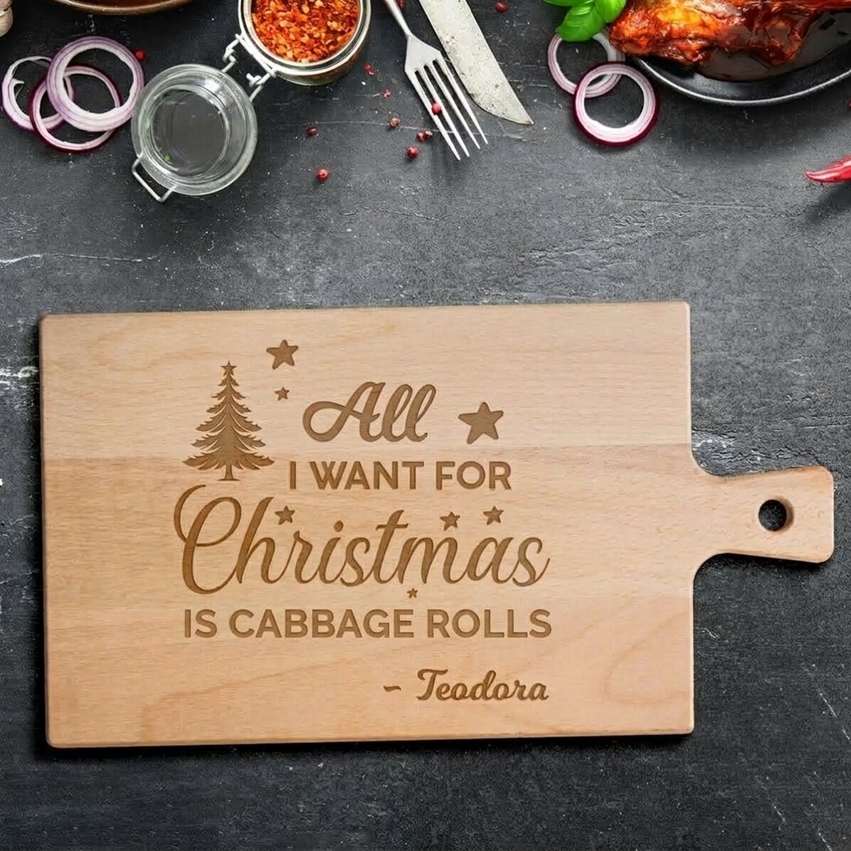 Premium customised chopping board with handle - Merry Christmas