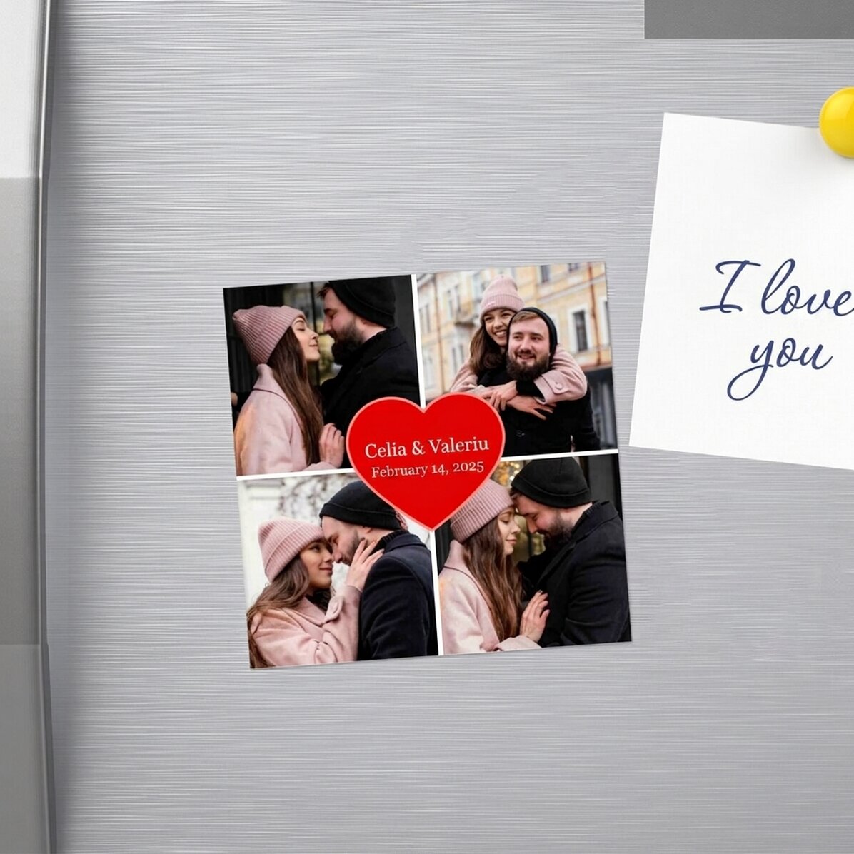 Gepersonaliseerde magneet van 10x10 met 4 foto’s en tekst - Hart