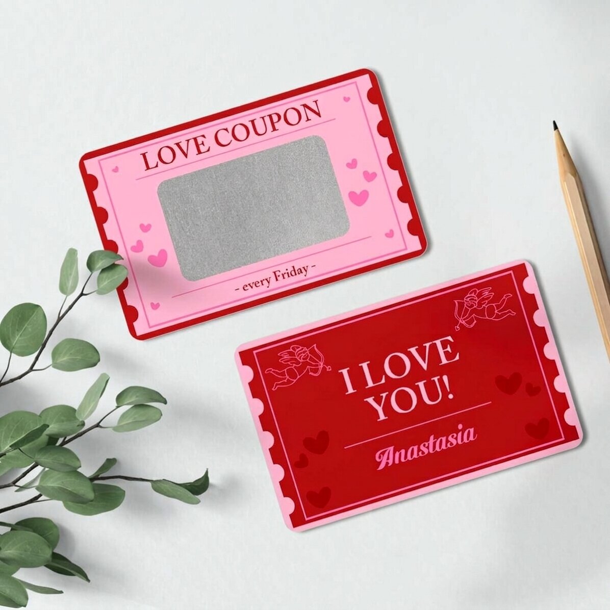 Gepersonaliseerde, aan beide zijden schraapbare aluminiumkaart met boodschap - Love Coupon