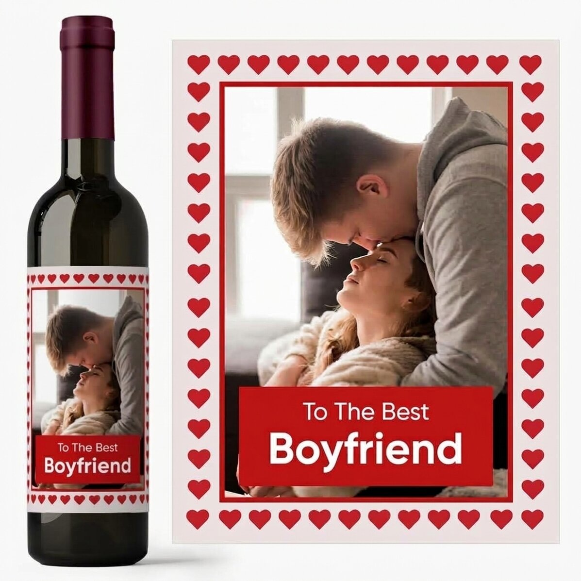 Wijn met gepersonaliseerde tekst en een foto - Hearts