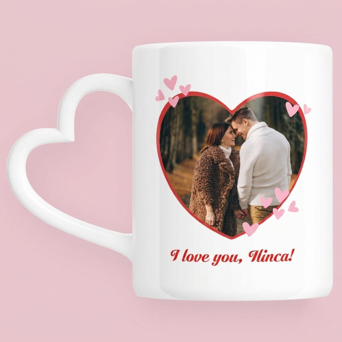 Gepersonaliseerde beker met een foto en tekst - You&Me - model met hartvormig handvat