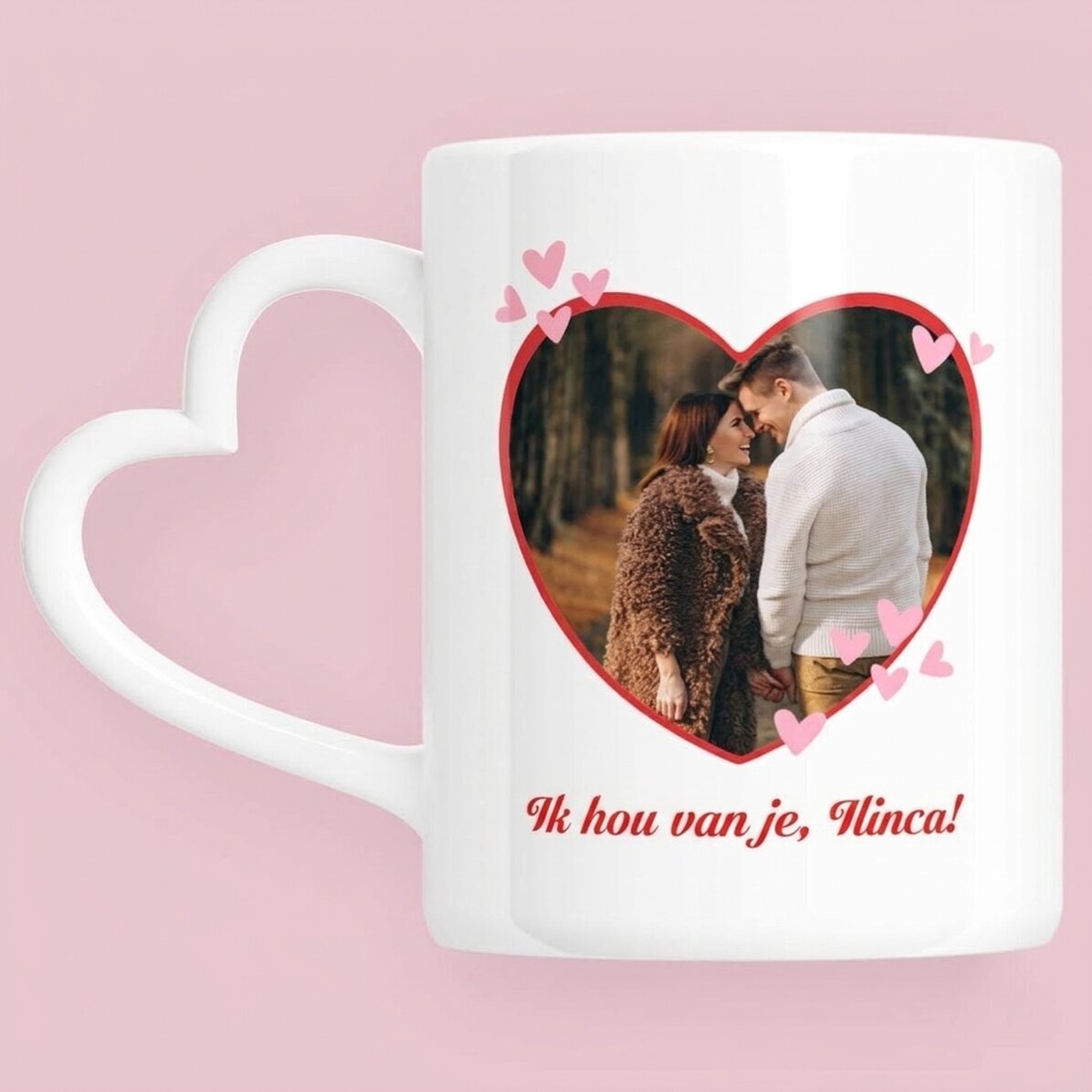 Gepersonaliseerde mok met een foto en tekst - You&Me - model met hartvormig handvat