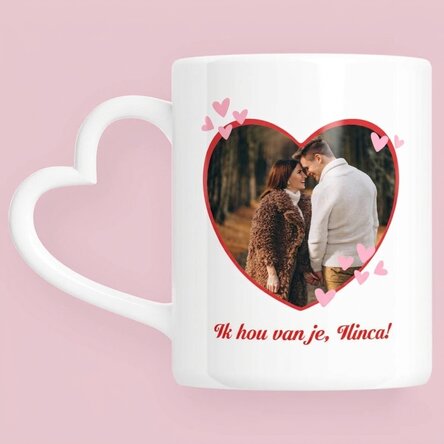 Gepersonaliseerde mok met een foto en tekst - You&Me - model met hartvormig handvat