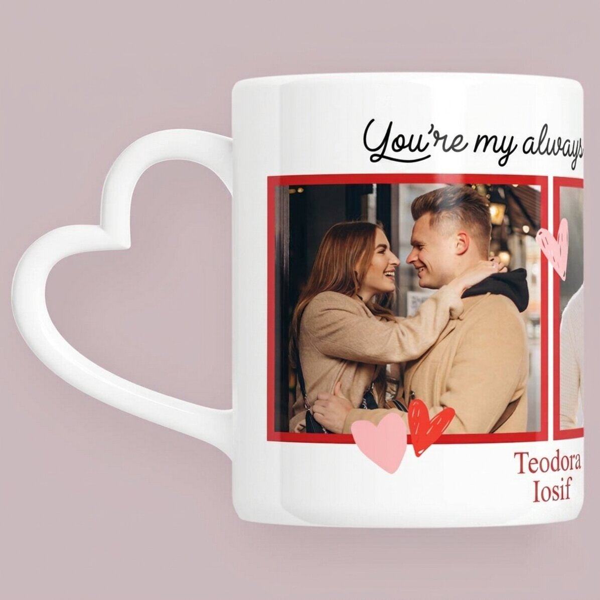 Gepersonaliseerde mok met 3 foto’s en tekst – My favorite – model met hartvormig handvat