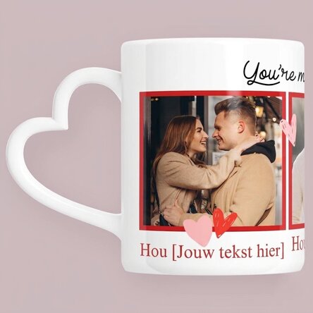 Gepersonaliseerde mok met 3 foto’s en tekst – My favorite – model met hartvormig handvat