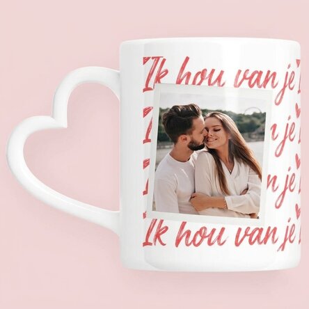 Gepersonaliseerde mok met foto en tekst – Ik hou van je! – model met hartvormig handvat
