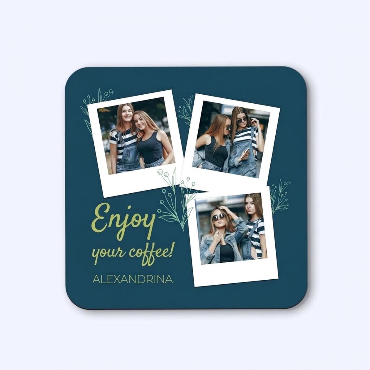 Personalised cup holder with 3 photos and text - Enjoy your coffee