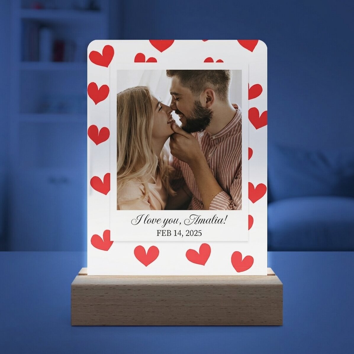 Gepersonaliseerde LED-nachtlamp met een foto en een boodschap - Hartjes