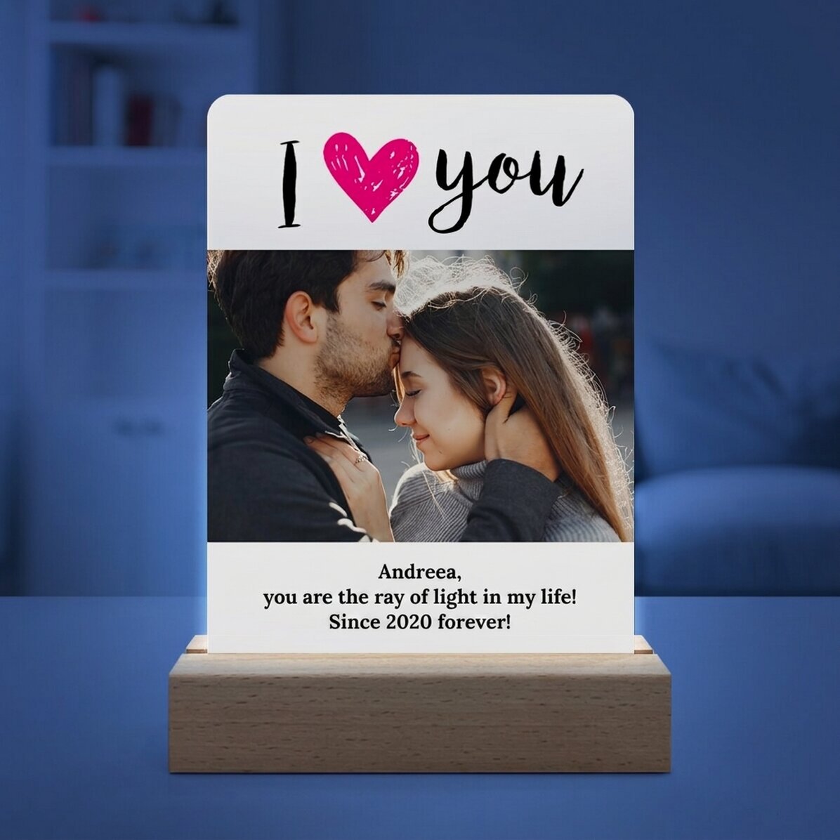 Gepersonaliseerde LED-nachtlamp met een foto en een boodschap - I love you