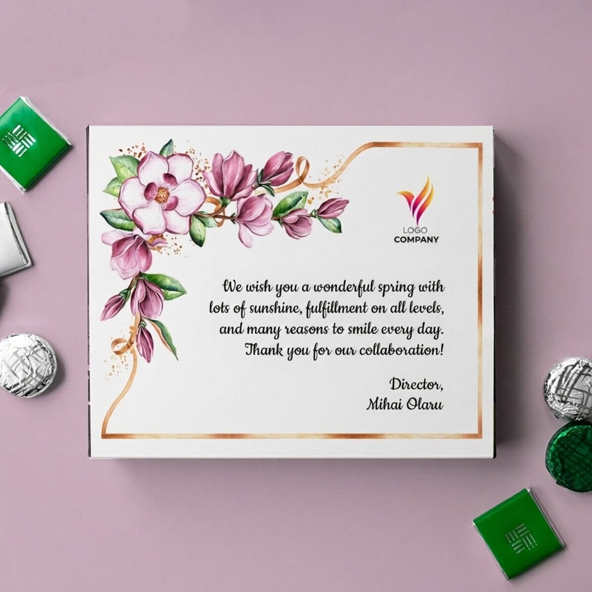 Gepersonaliseerde bonbonnière met logo en boodschap - Floral