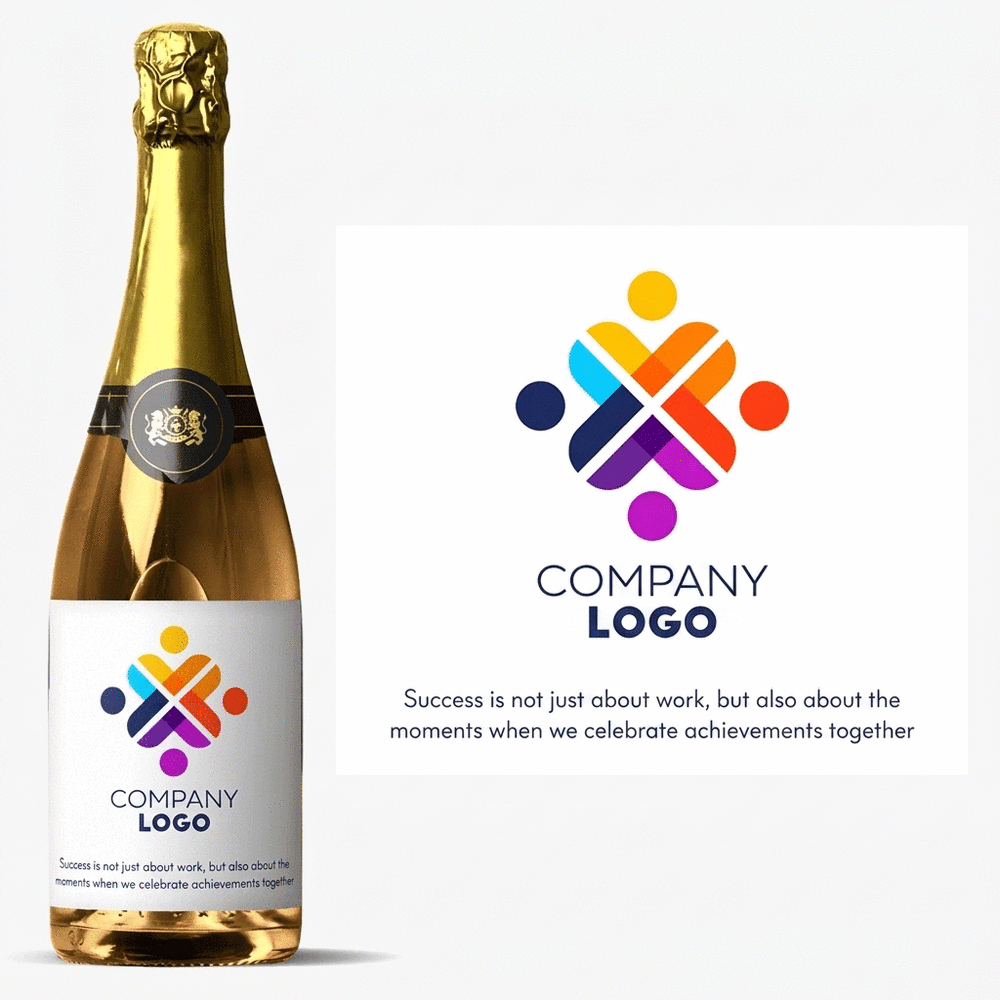 Personalised sparkling wine with logo and text