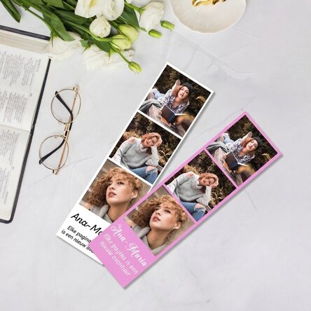Gepersonaliseerde boekenlegger met 3 foto's en een boodschap