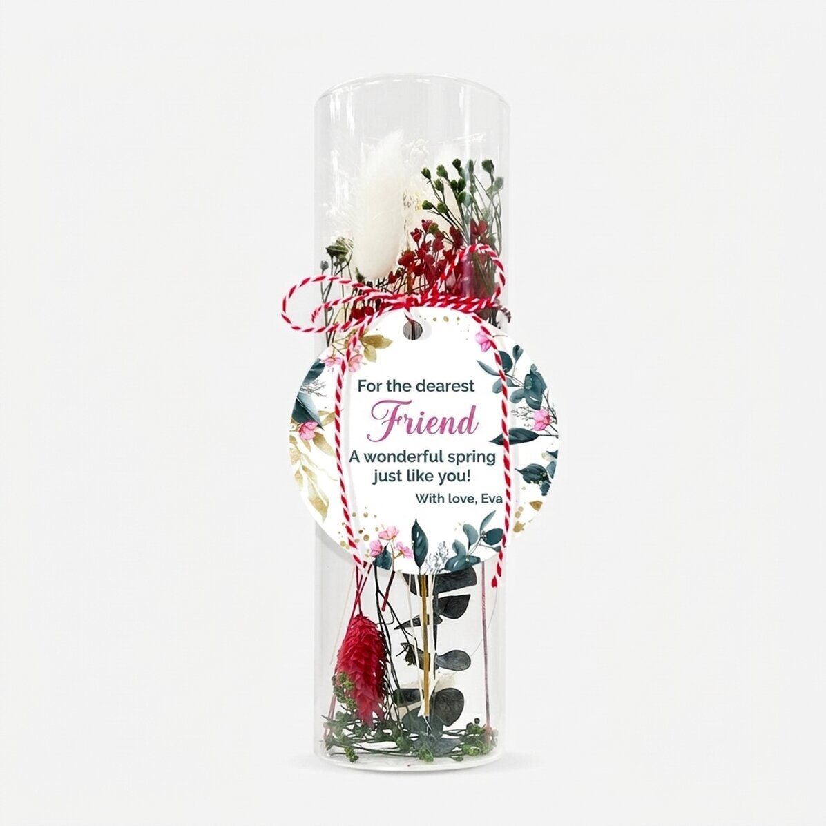 Martisor-sieraad van glas met geconserveerde bloemen, gepersonaliseerd met een boodschap - Mijn lief