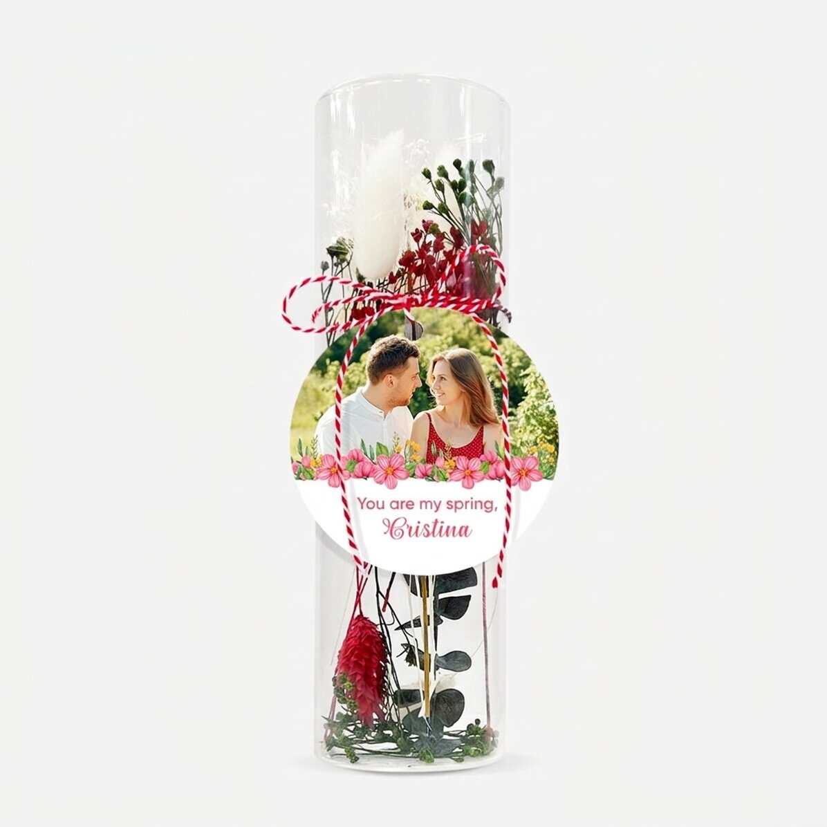 Martisor-sieraad van glas met geconserveerde bloemen, gepersonaliseerd met een boodschap en een foto