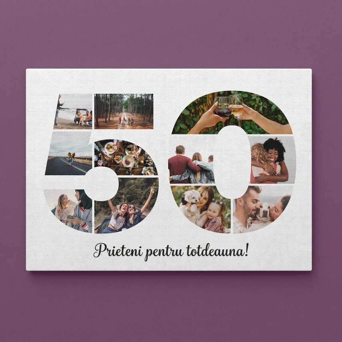 Gepersonaliseerd canvasdoek in liggend formaat met 11 foto’s (model nr. 50) en een tekstbericht