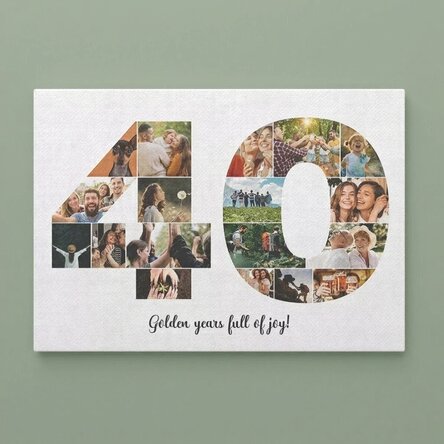 Gepersonaliseerd canvasdoek in liggend formaat met 18 foto’s, model nummer 40 en tekstbericht