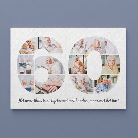 Gepersonaliseerd canvasdoek in liggend formaat met 11 foto’s (model nr. 60) en een tekstbericht
