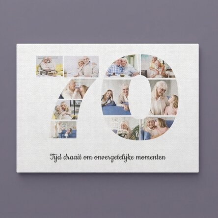 Gepersonaliseerd canvasdoek in liggend formaat met 11 foto’s, modelnummer 70 en tekstbericht