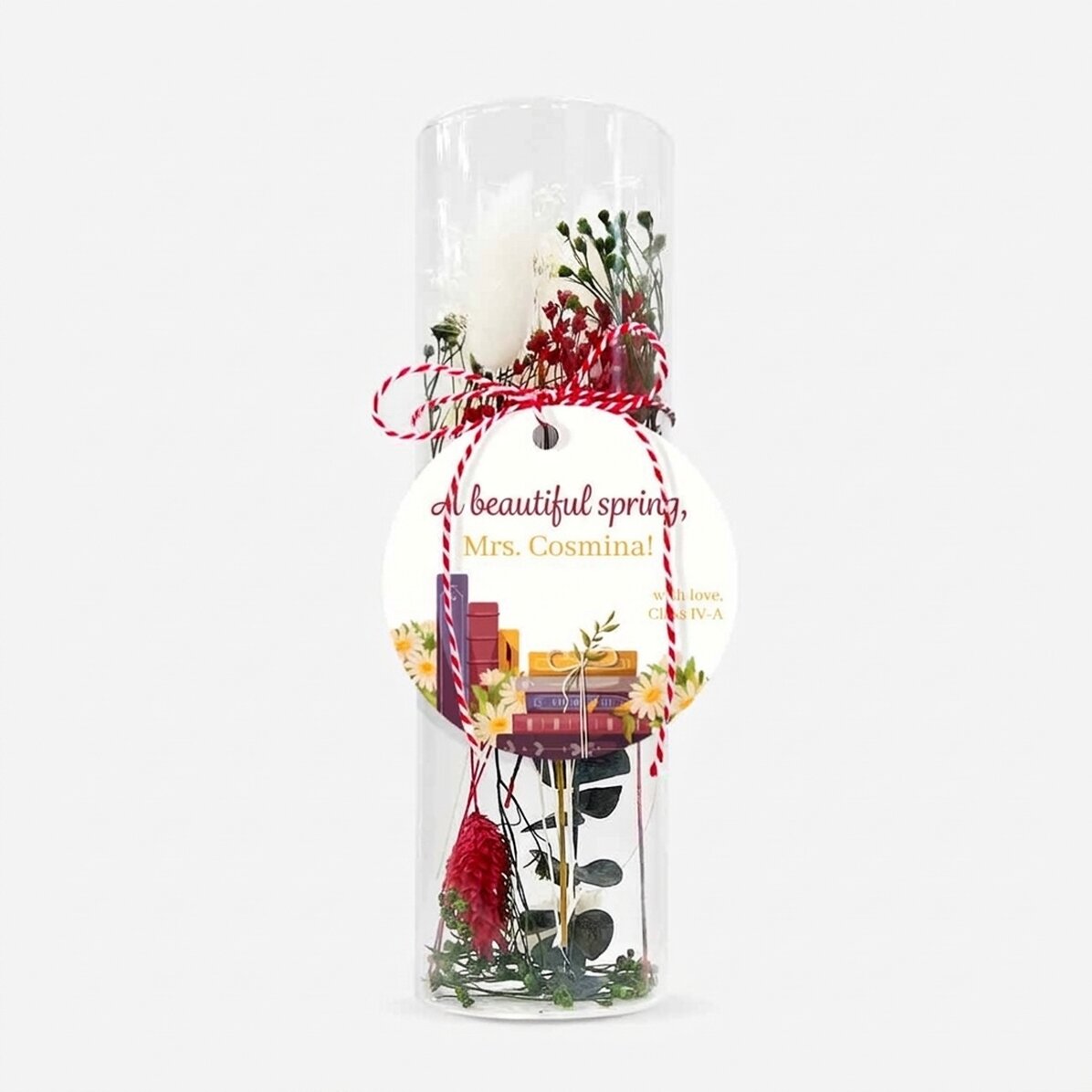 Martisor-sieraad van glas met geconserveerde bloemen, gepersonaliseerd met een tekst voor de lerares