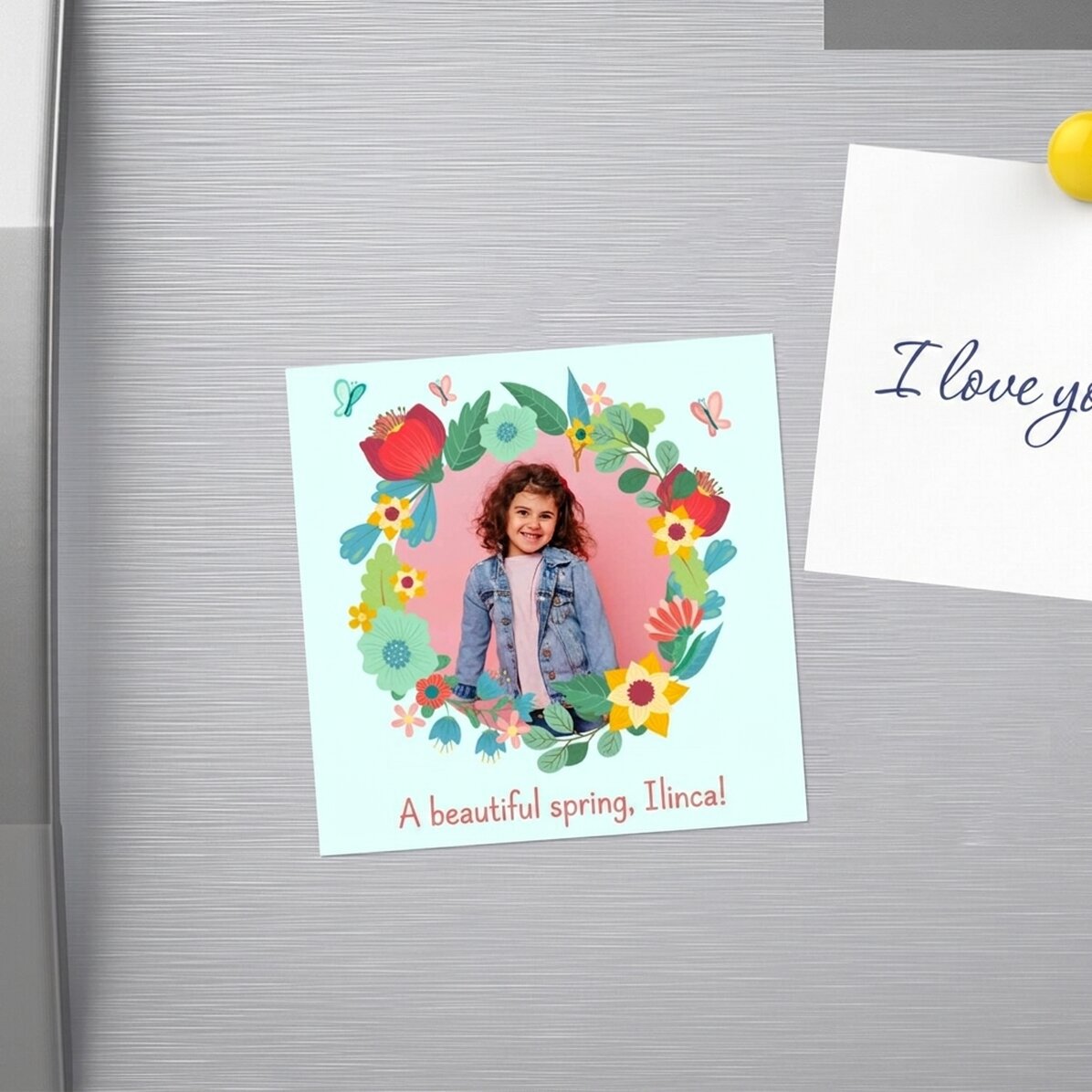 Gepersonaliseerde magneet van 10x10 met een foto en tekst - Bloemen