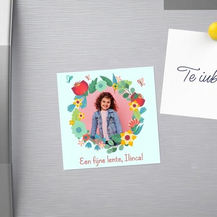 Gepersonaliseerde magneet van 10x10 met een foto en tekst - Bloemen