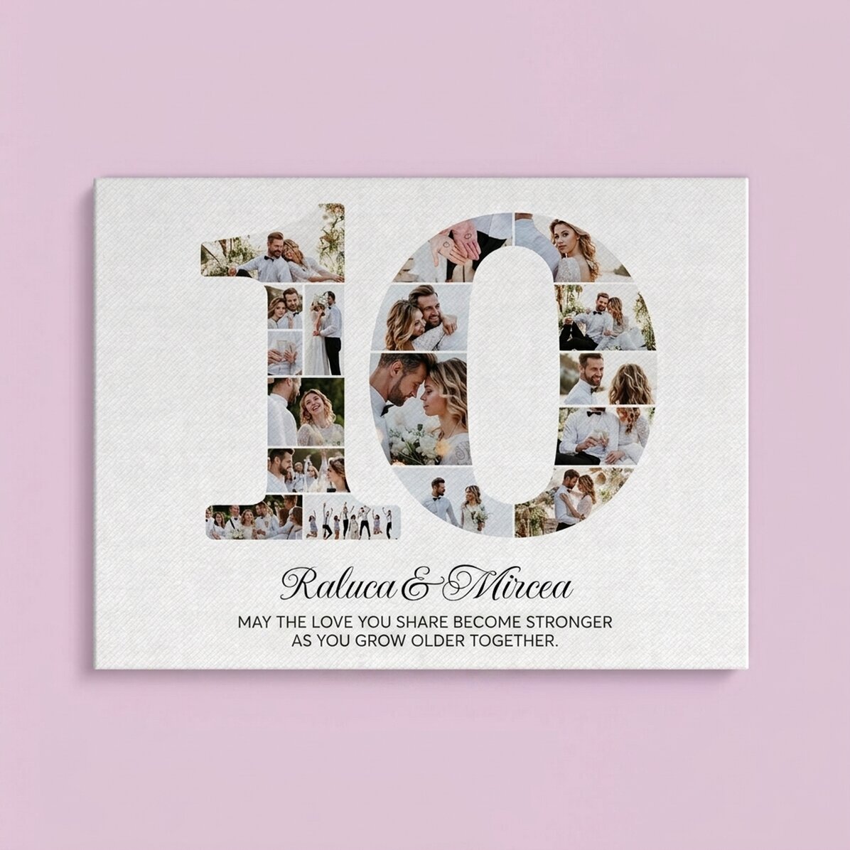 Gepersonaliseerd canvasdoek met het nummer 10, foto’s en een boodschap – Jubileum van de relatie
