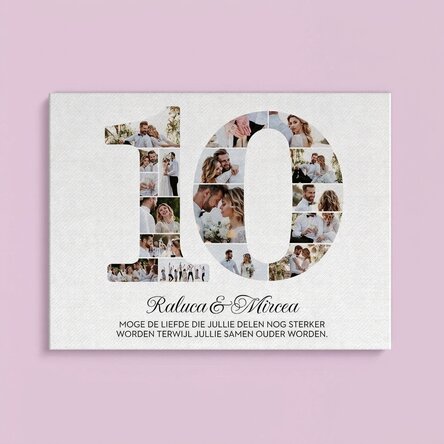 Gepersonaliseerd canvasdoek met het nummer 10, foto’s en een boodschap – Jubileum van de relatie