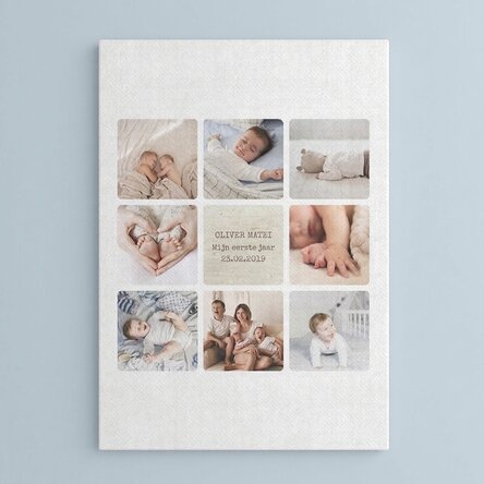 Gepersonaliseerd canvasdoek met tekst en 8 foto's - Baby's eerste jaar