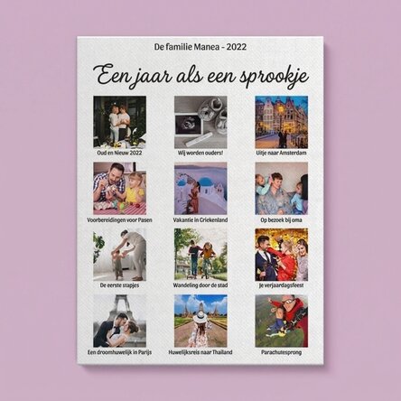 Gepersonaliseerd canvasdoek met 12 foto’s en tekst – Een jaar als een verhaal