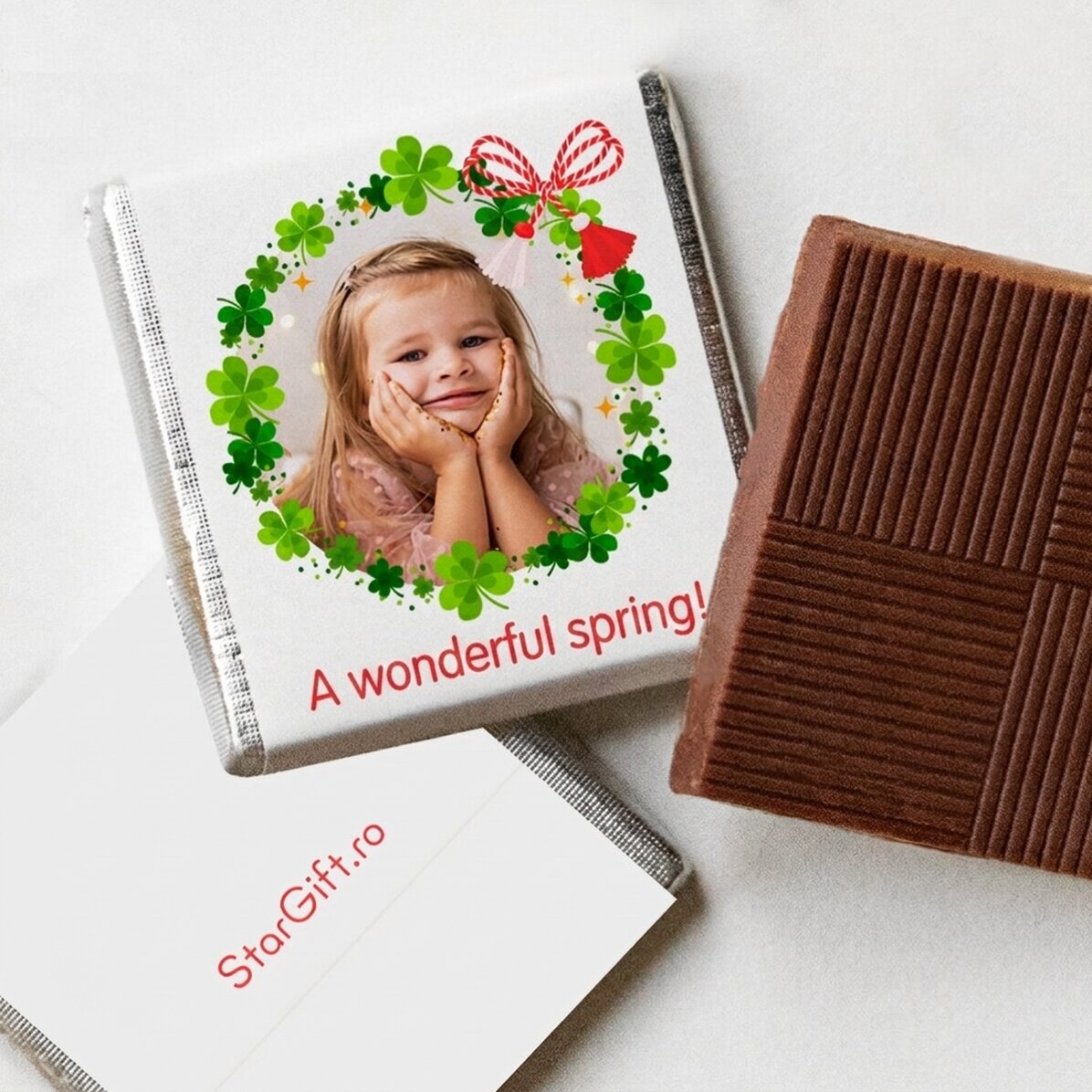 Gepersonaliseerde mini-chocolade met foto en boodschap: klavertje