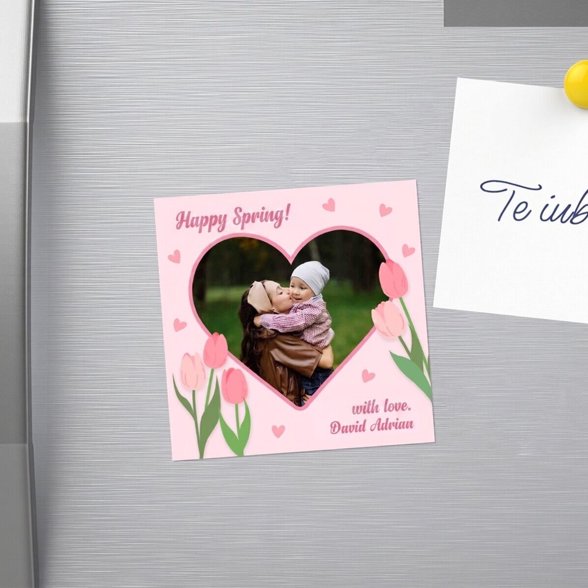 Gepersonaliseerde magneet van 10x10 met een foto en tekst - Gelukkige lente