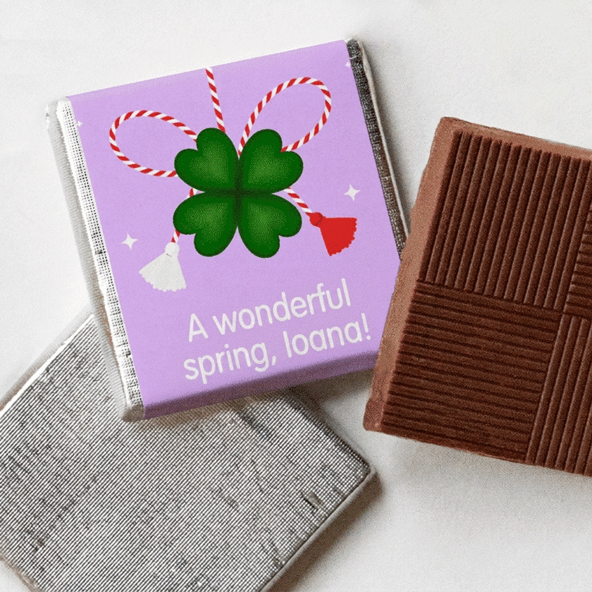 Gepersonaliseerde mini-chocolade met foto en kleurrijke boodschap