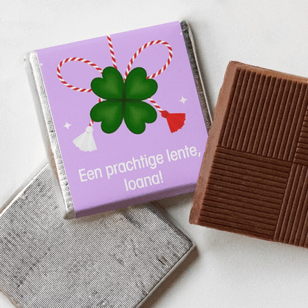 Gepersonaliseerde mini-chocolade met foto en kleurrijke boodschap