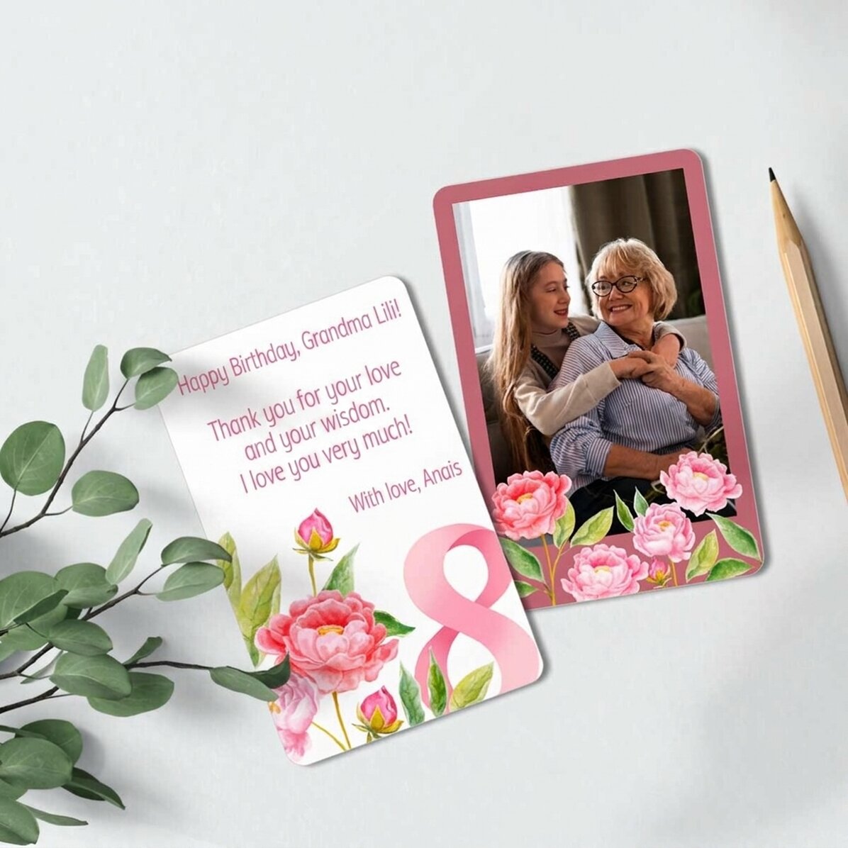 Gepersonaliseerde aluminiumkaart, voor- en achterkant, met een boodschap en een foto - Bloemen