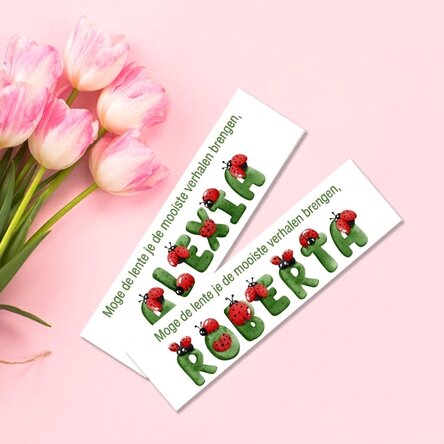 Gepersonaliseerde boekenlegger met boodschap en naam - Lieveheersbeestjes