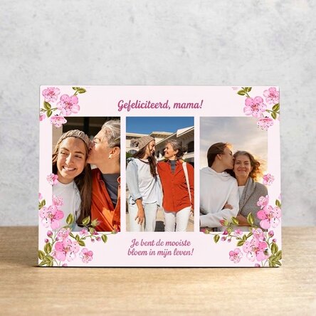 Gepersonaliseerde fotolijst voor op het bureau met 3 foto’s en een boodschap - Lente