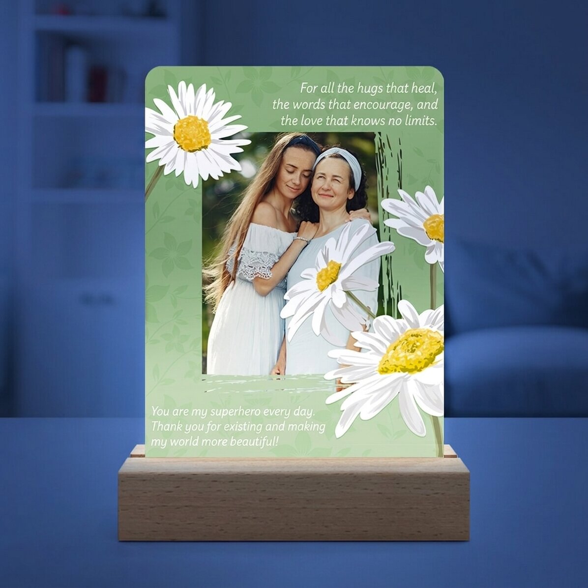 Gepersonaliseerde LED-nachtlamp met een foto en tekst - Daisies