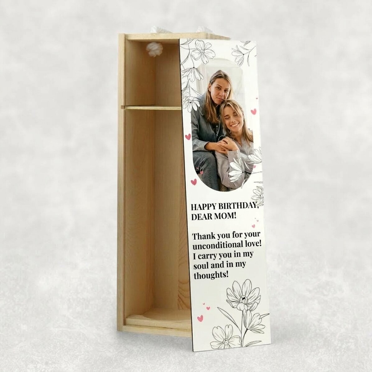 Personalised wine box with a photo and message for her