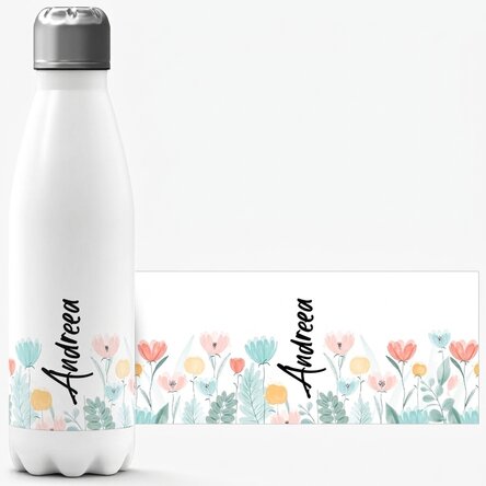 Thermosfles met witte bodem, gepersonaliseerd met naam - Bloemen