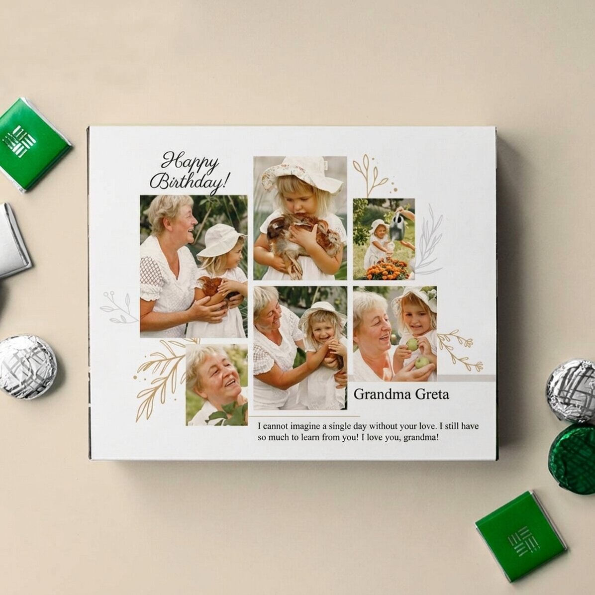 Gepersonaliseerde bonbondoos met 6 foto’s en een boodschap