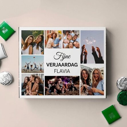 Gepersonaliseerde bonbonnière met 8 foto's en een boodschap - Happy Birthday!