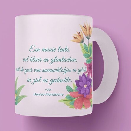 Gepersonaliseerde matglazen mok met logo en tekst - Lentebloemen