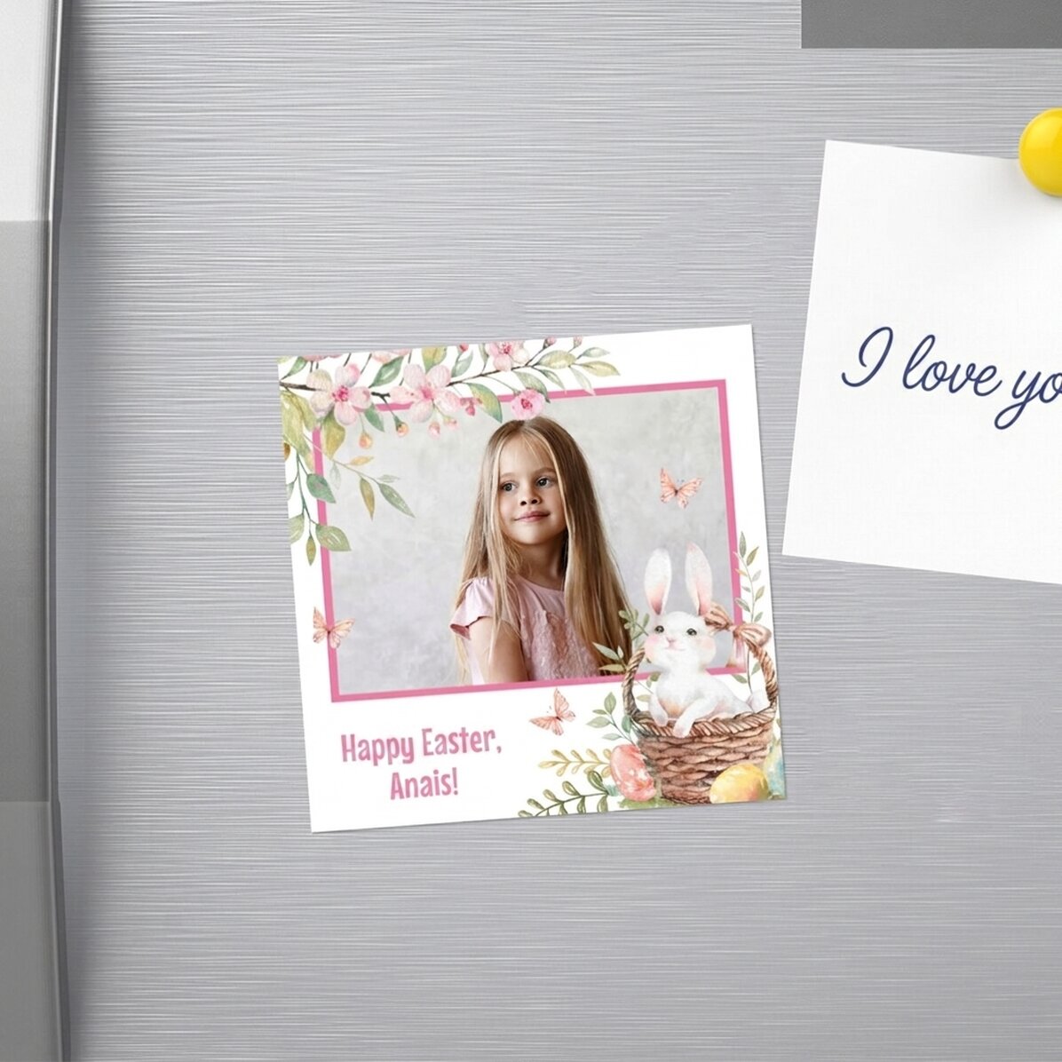 Gepersonaliseerde magneet van 10x10 met een foto en een boodschap - Fijne Pasen!