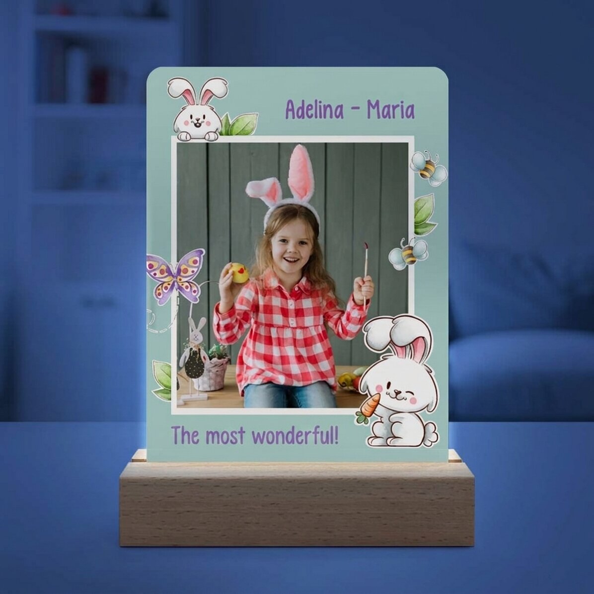 Gepersonaliseerde LED-nachtlampje met een foto en tekst - Konijntje
