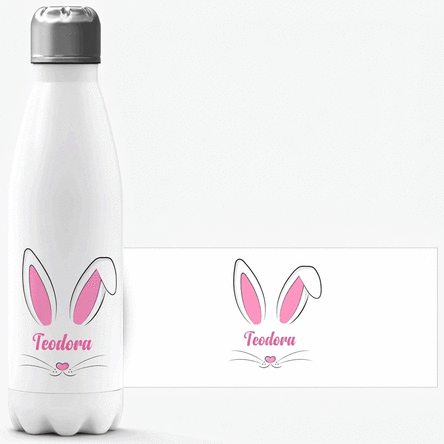 Thermosfles met witte bodem, gepersonaliseerd met naam - Bunny