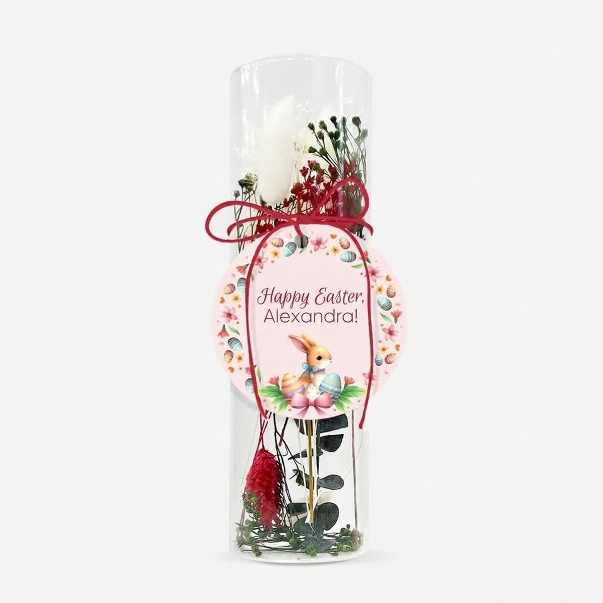 Glass ornament with preserved flowers, personalised with text - Easter Bunny