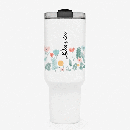 Thermosbeker met handvat en rietje, gepersonaliseerd met naam - Flowers