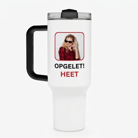 Thermosbeker met handvat en rietje, gepersonaliseerd met een foto en tekst - Fierbinte